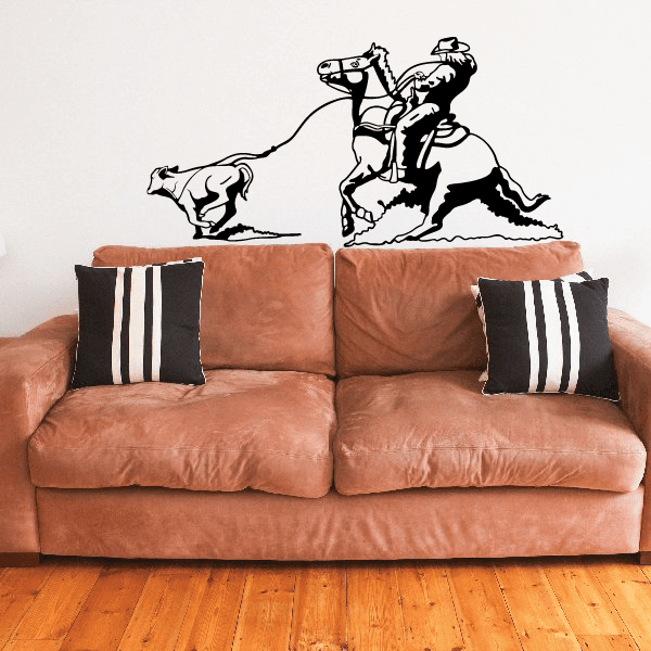 Living room decor with a wall sticker of a rodeo cowboy on horse