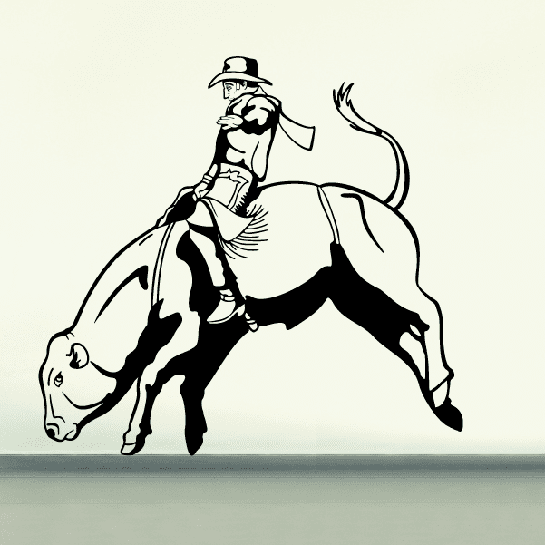 Monochrome wall decal of a cowboy in a bull-riding rodeo event