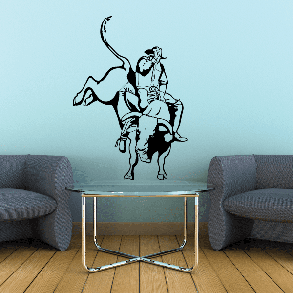 Rodeo-themed wall decal with a cowboy mastering bull riding