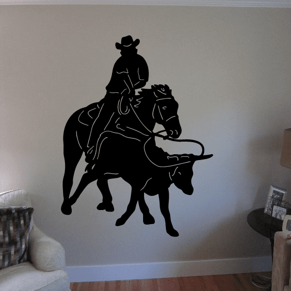 Artistic wall decal portrayal of a cowboy on horseback in a rodeo event