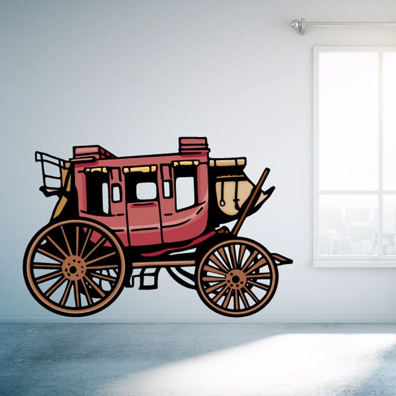 Red vintage carriage wall decal vinyl sticker with large brown wheels