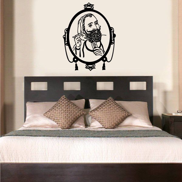 Circular black line-art wall decal with bearded man wearing headphones holding a joint