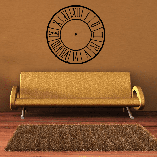 Roman numeral clock face wall decal with black circular ring and roman numeral markings