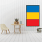Romania flag sticker, rectangular with blue, yellow, and red horizontal stripes