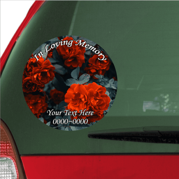 Memorial rose custom sticker, round black design with red roses and 'Your Text Here'.