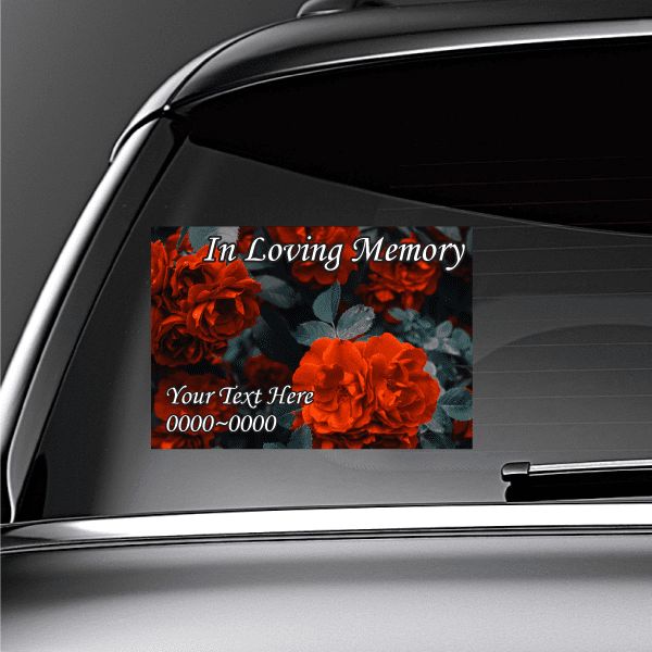 Rectangular memorial car sticker with orange roses and 'In Loving Memory' text