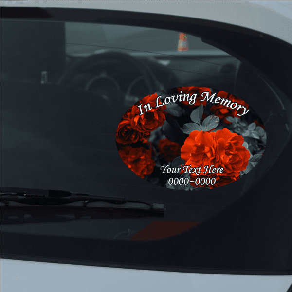 Circular memorial rose bush sticker with orange roses and loving message layout