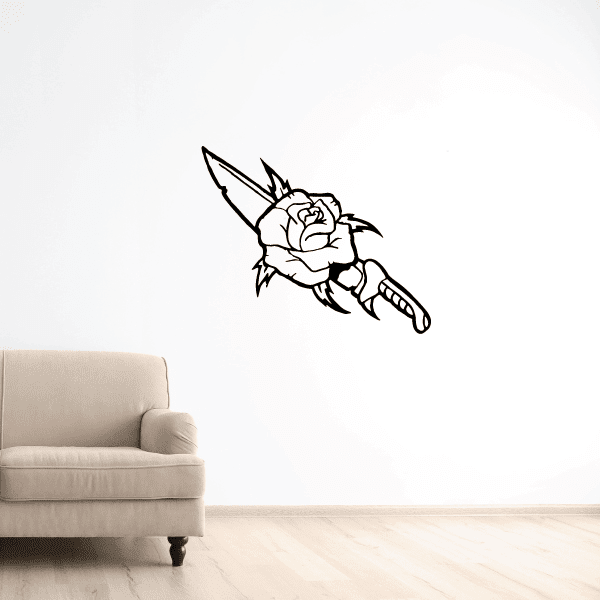 Rose wall decal with outlined rose on a dagger-like stem