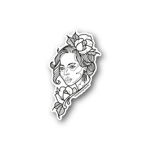 Rose Diva vinyl sticker with outlined woman portrait and roses, white on dark