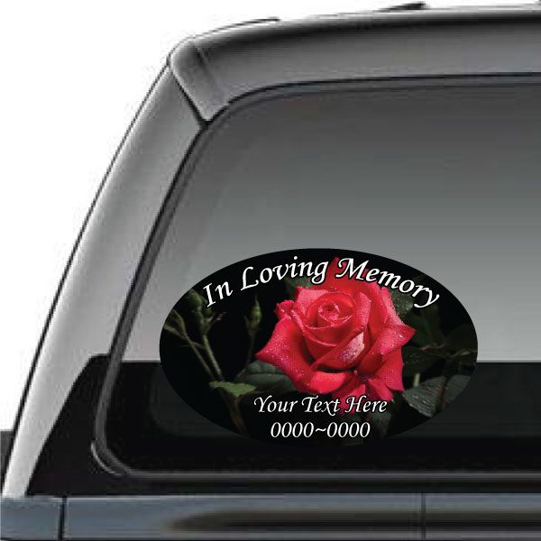 Custom oval memorial sticker with pink rose and 'In Loving Memory' text