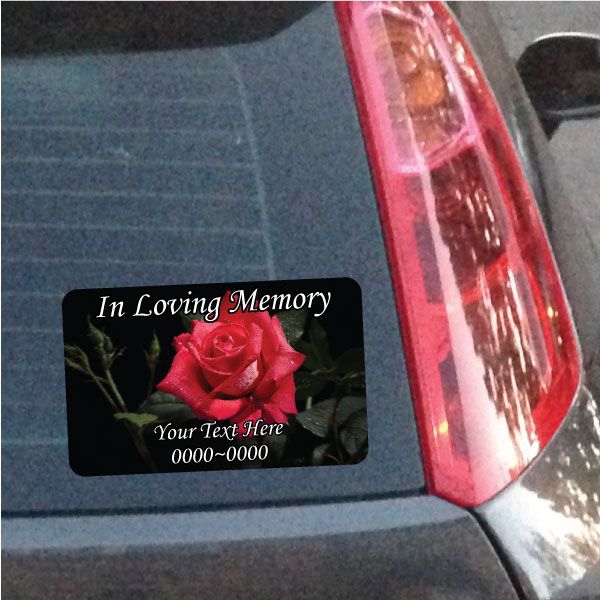 Memorial rounded-rectangle sticker with red rose and 'In Loving Memory' text