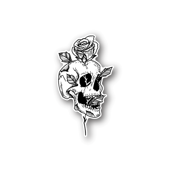 Skull and rose vinyl sticker with rose piercing, white outline