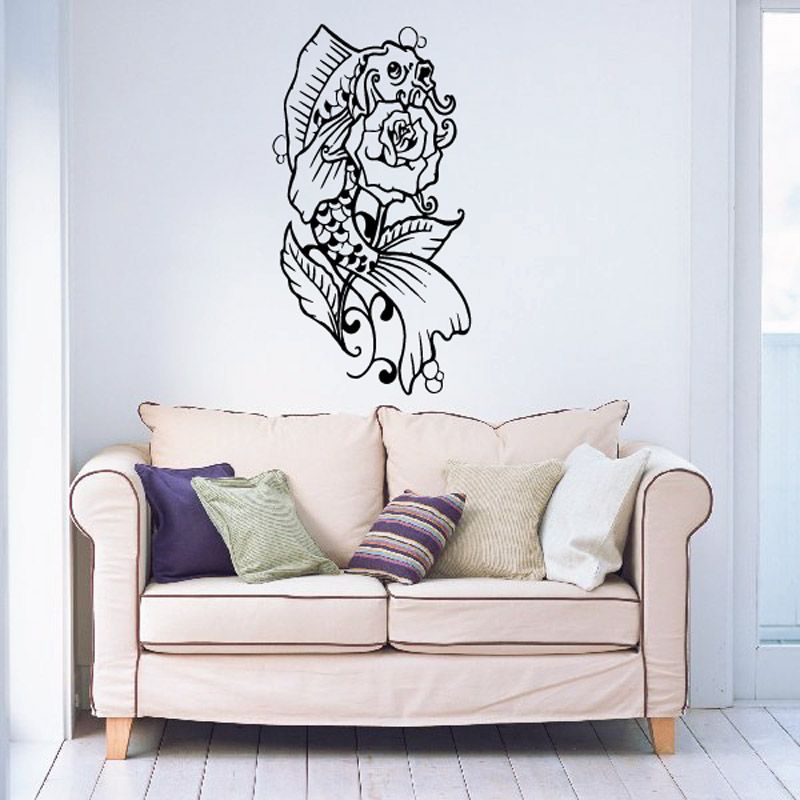 Koi fish and rose stem wall decal, black line art