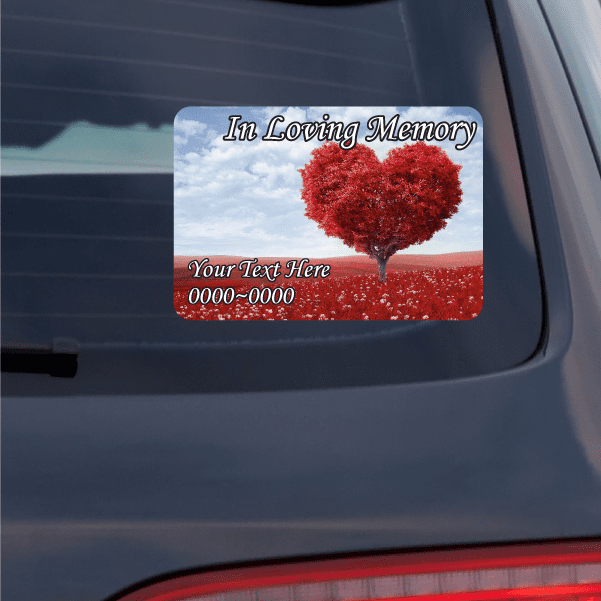 Memorial sticker: red heart tree, 'In Loving Memory', and 'Your Text Here'