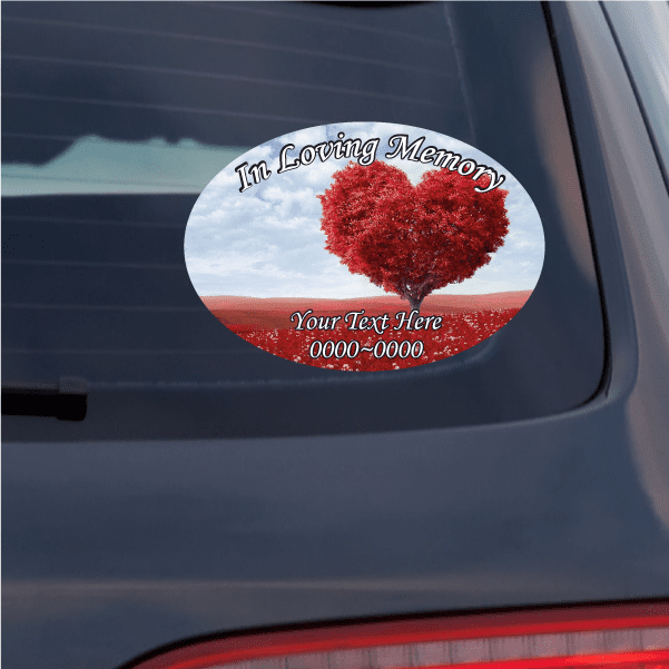 Round memorial sticker: red tree graphic with 'I'm Loving Memory' and 'Your Text Here'