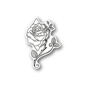 Rose triangle vinyl sticker with black-and-white line art rose and leaves