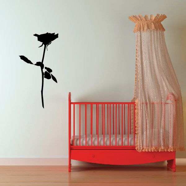 Rose wall decal, black rose with twisting stem and two leaves