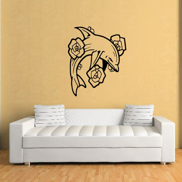 Rose wall decal, black line bouquet with roses and leaves