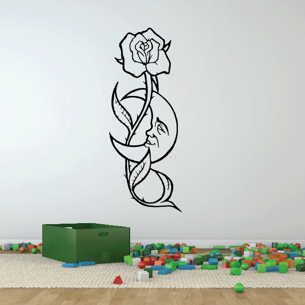 Rose and moon wall decal with rose outline and crescent moon