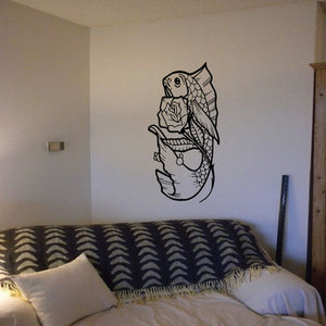 Koi fish and rose wall decal, black line art with wrapped banner