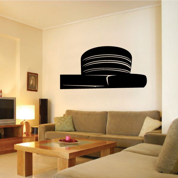 Round building decal, black circular stack with horizontal bar design