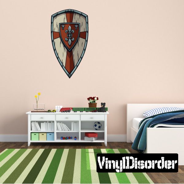 Rounded kite shield sticker with beige background, red stripes, black emblem, blue border