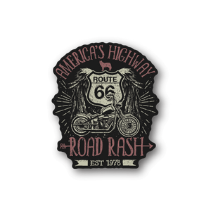 Round Route 66 vinyl sticker with eagle wings, motorcycle, and Americas Highway text