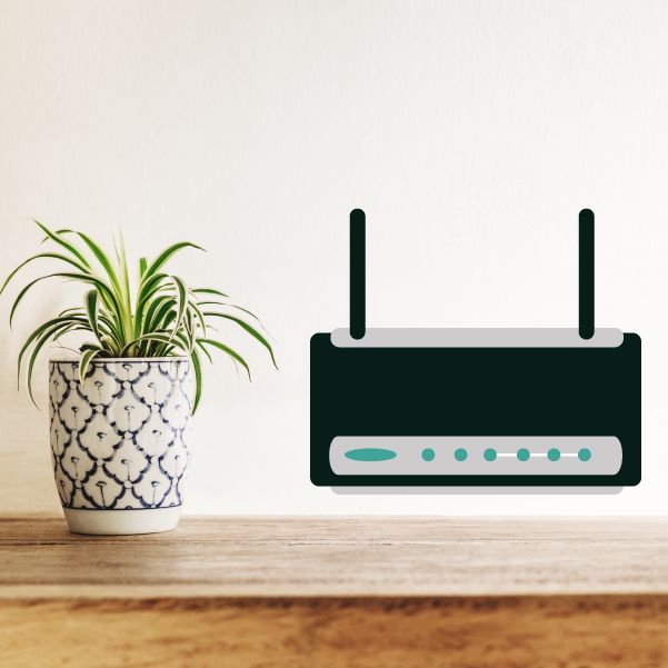 Router wall decal with dark modem body and teal indicator lights and ports