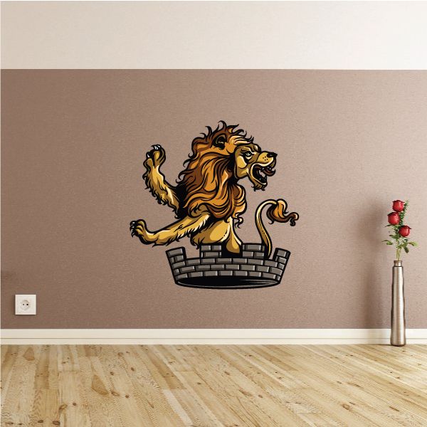 Royal medieval lion sticker, golden mane and headpiece with gray masonry base