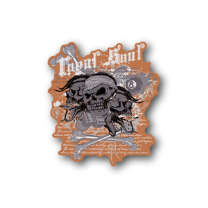 Vinyl sticker with skull and banner graphic in orange-brown and gray
