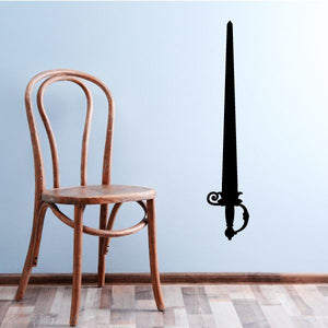 Black sword decal with ornate curled hilt and crossguard