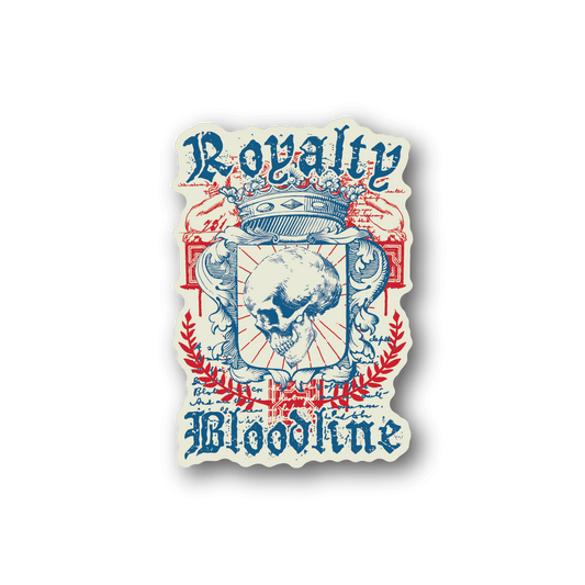 Vinyl sticker with Royalty Bloodline text, crown, skull, and red-blue ornamental design