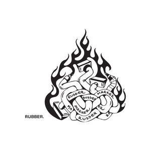 Rubber graffiti decal with flame outline and 'RUBBER' text, black and white