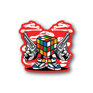 Rubix Cube gangster vinyl sticker with multicolor cube and two pistols, red outline