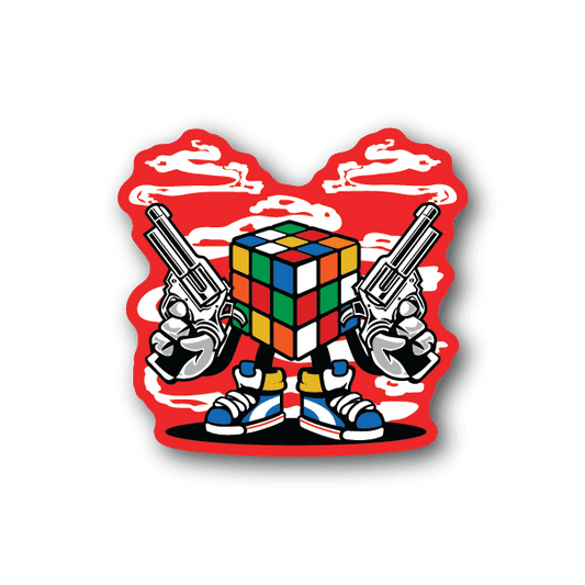 Rubix Cube gangster vinyl sticker with multicolor cube and two pistols, red outline