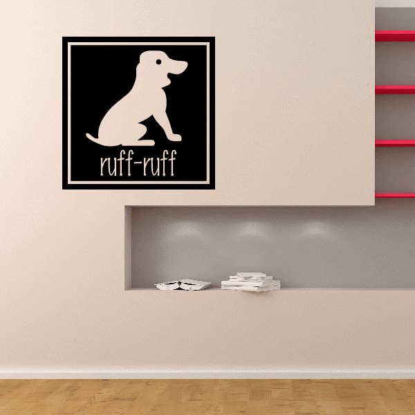 Dog decal sticker with white pup silhouette and 'ruff-ruff' text in black square border
