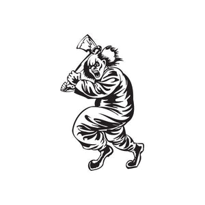 Running clown axe decal with black line-art figure