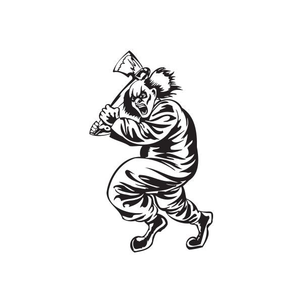 Running clown axe decal with black line-art figure