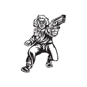 Running clown vinyl decal with hand-held gun illustration