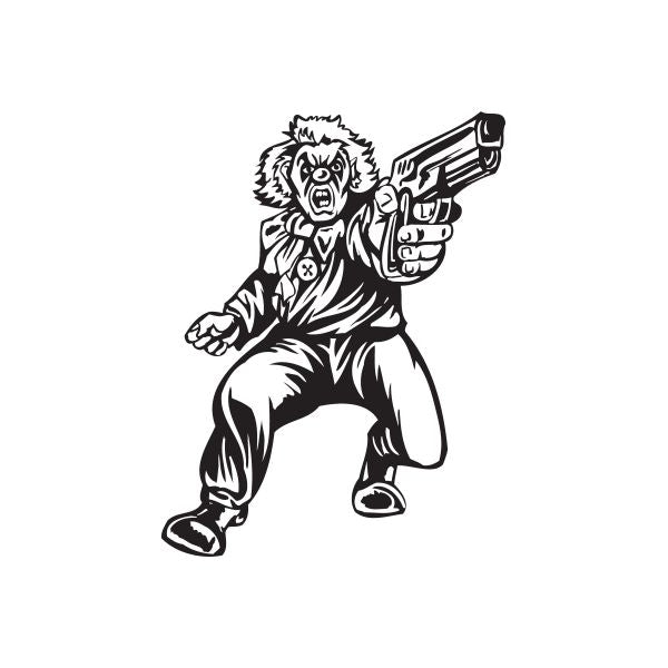 Running clown vinyl decal with hand-held gun illustration