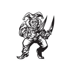 Running jester decal with two large knives, black and white line art