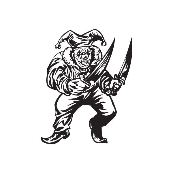 Running jester decal with two large knives, black and white line art