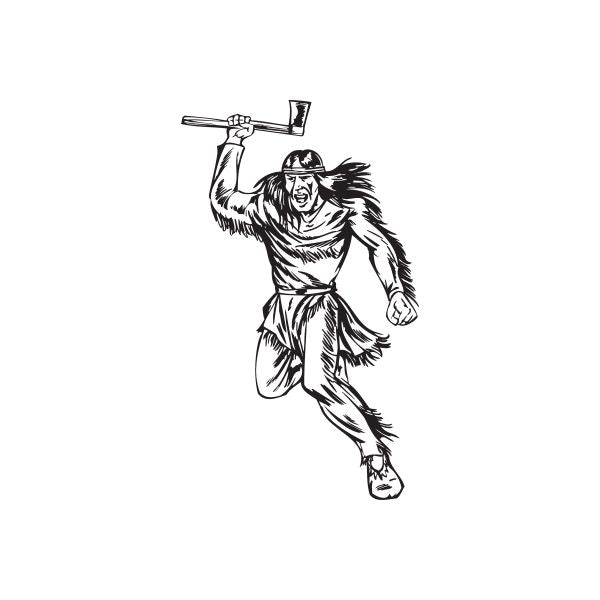 Running Native American warrior decal with feathered headdress, holding a long weapon