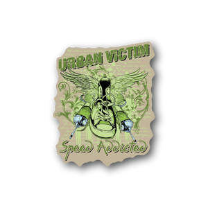 Green Urban Victim speed addicted vinyl sticker with wings and masked figure graphic