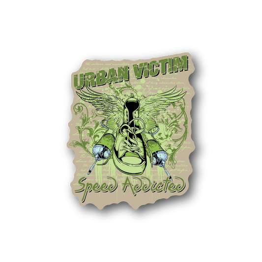 Green Urban Victim speed addicted vinyl sticker with wings and masked figure graphic