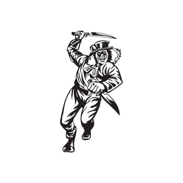 Clown running decal with tall top hat and knife handles, black-and-white