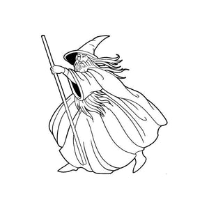 Wizard running decal, black line-art figure with staff and flowing cloak, long hair