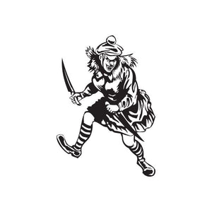 Running clown woman decal with two knives, striped stockings and open-mouthed face