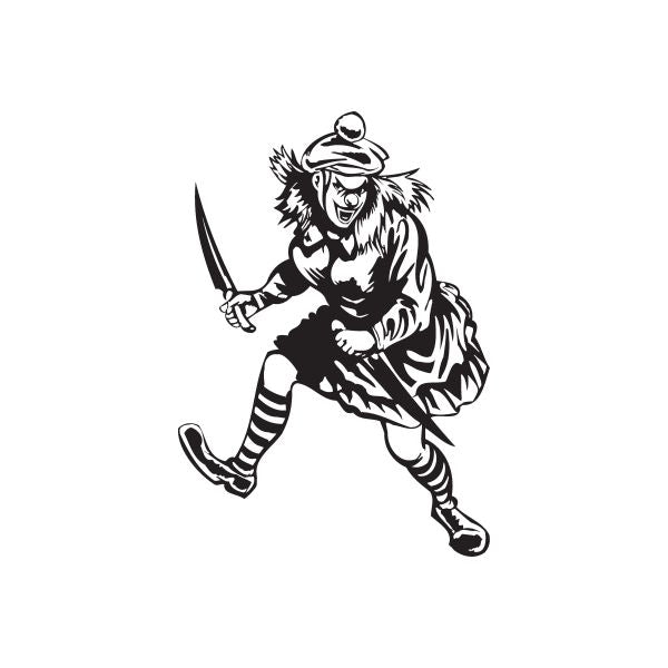 Running clown woman decal with two knives, striped stockings and open-mouthed face