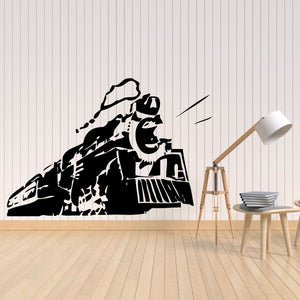 Black steam train decal with motion lines and front engine silhouette
